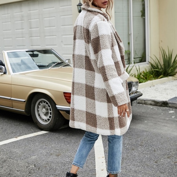 buffalo plaid teddy trench pea coat jacket khaki - Picture 10 of 11